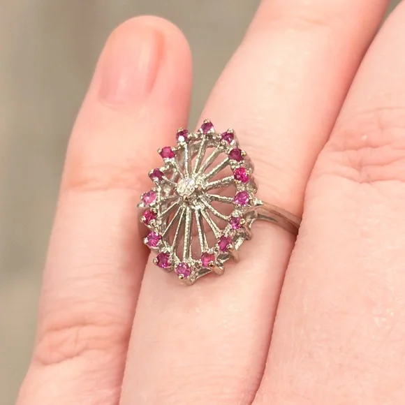 Vintage 14K PSCO Natural Ruby Diamond Ring Art Nouveau Size 7 Filigree Starburst - Picture 11 of 16